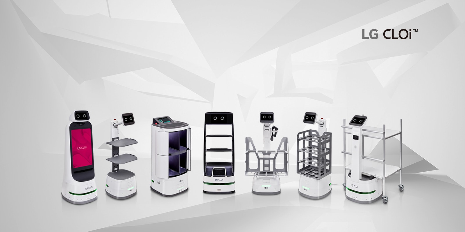 Product images of GuideBot, ServeBot, and CarryBot from the LG CLOi robot family.