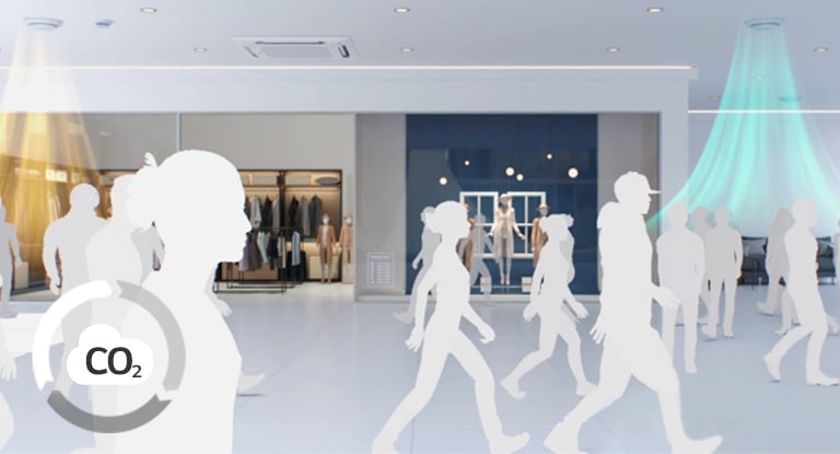 White-outlined figures stroll in a mall as ceiling ducts blow air, with a CO₂ level indicator in the lower left.