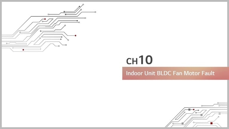 A circuit board pattern on the top left and bottom. Centered is 'CH10', beneath which a bronze rectangle bar reads ‘Indoor Unit BLDC Fan Motor Fault.'
