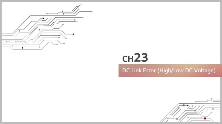 A circuit board on the top left and bottom. Centered is 'CH23', beneath which a bronze rectangle bar reads 'DC Link Error (High/Low DC Voltage).'