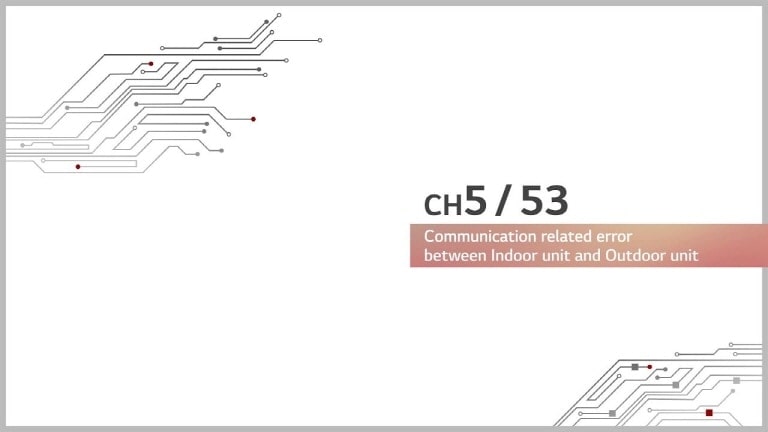 A circuit board on the top left and bottom. Centered is CH 5/ 53, beneath which a bronze rectangle bar reads ‘Communication related error.'
