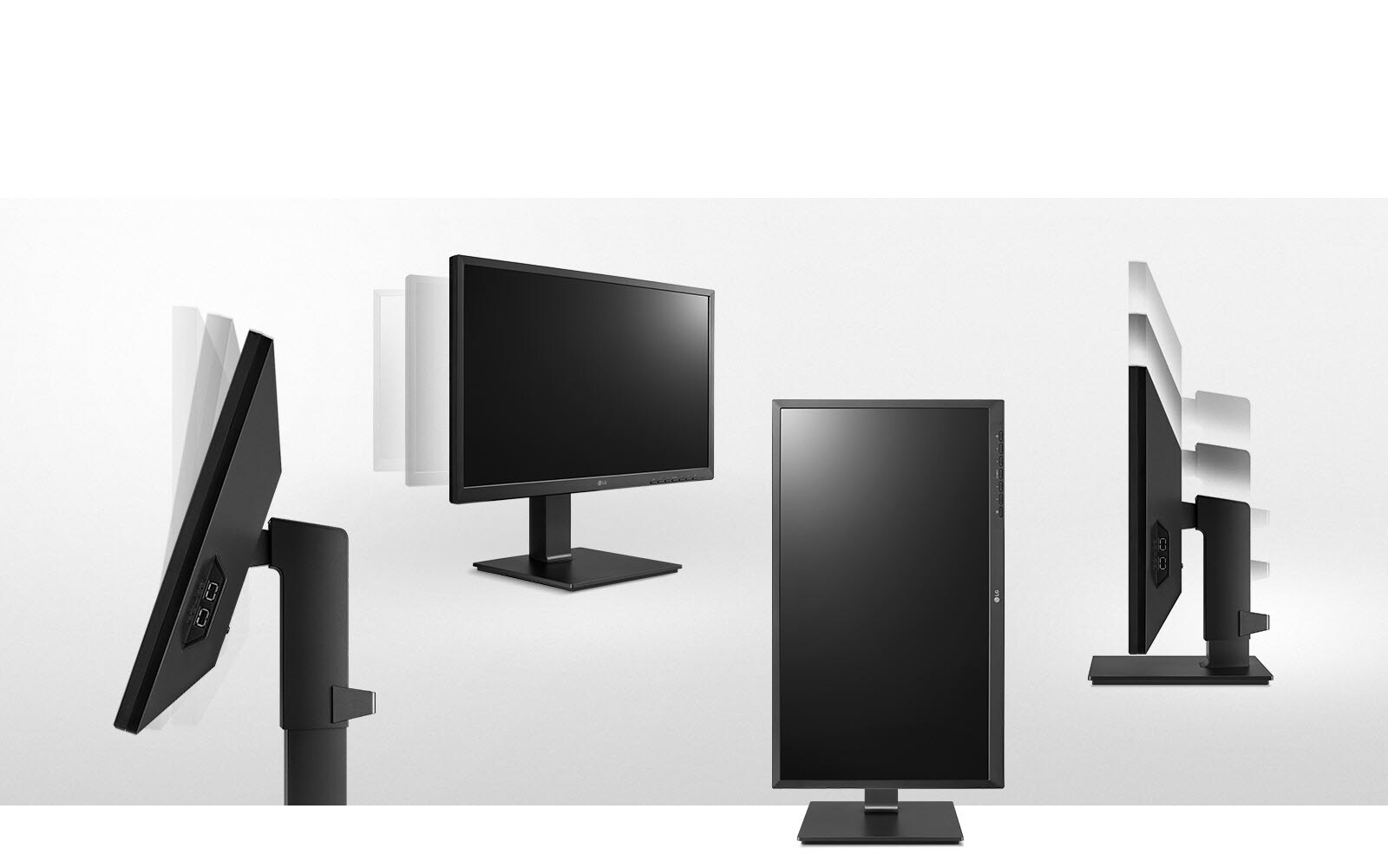 the monitor in the ergonomic design supporting tilt, swivel, pivot and height adjustment options and offering one click stand