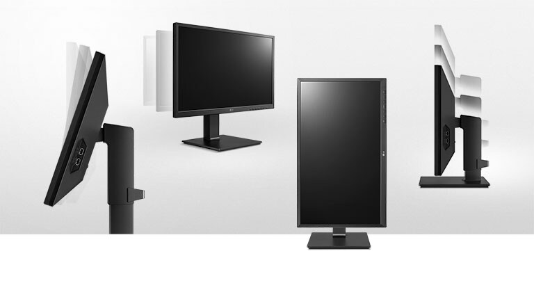 the monitor in the ergonomic design supporting tilt, swivel, pivot and height adjustment options and offering one click stand