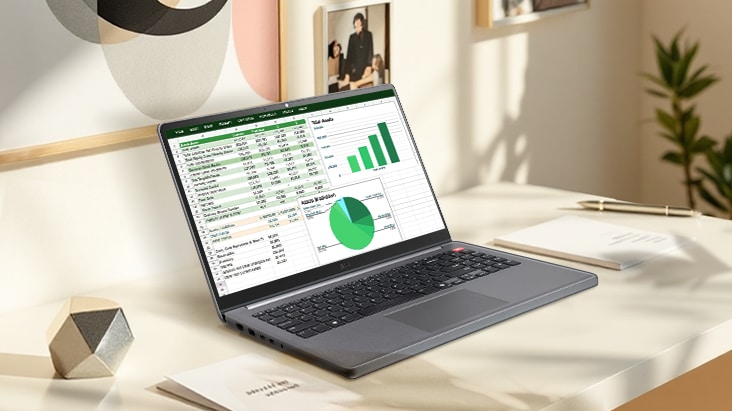 It shows that the LG Gram is placed on a desk surrounded by glass windows, but there is no light reflection on the display.	