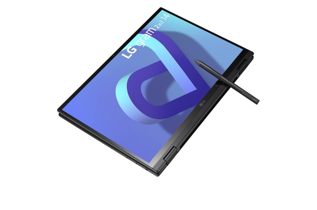 LG gram 2-in-1 Ultra-Lightweight with 14” 16:10 IPS Display with LG Glance by Mirametrix®, -30 degree rear view and cover half open, 14T90Q, thumbnail 5