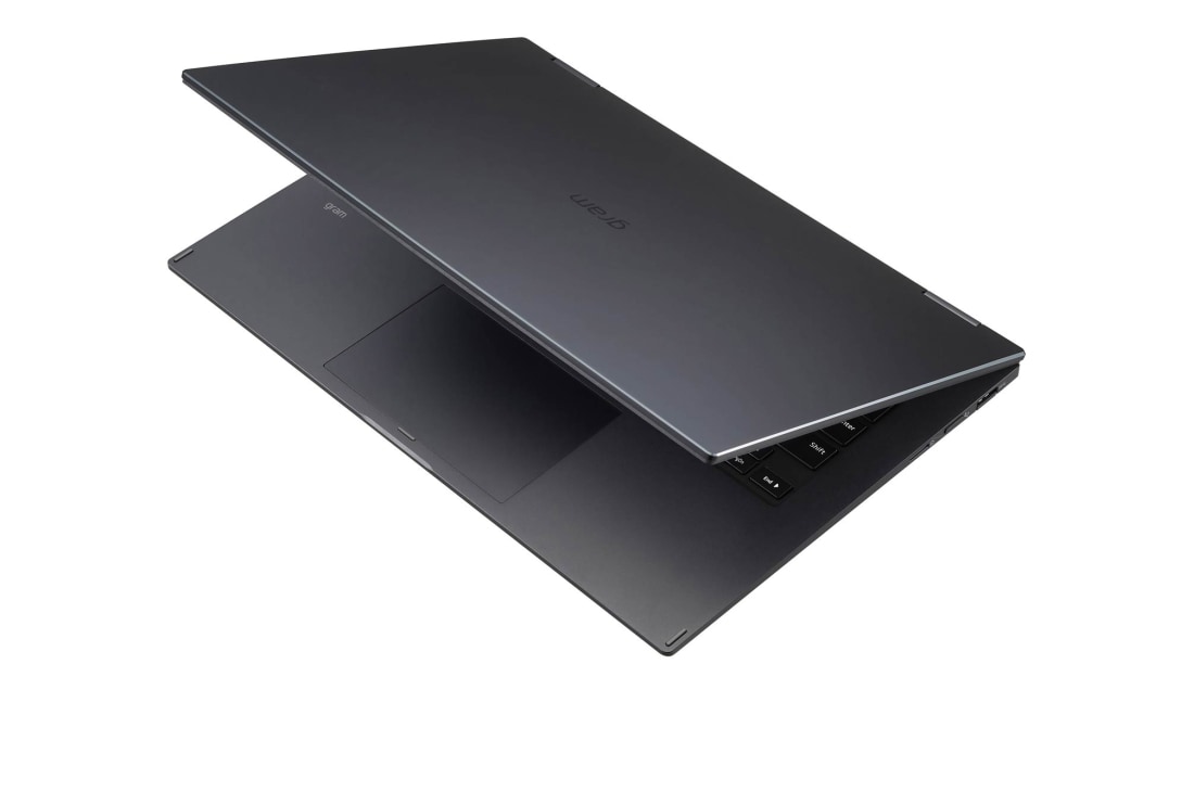 LG gram 2-in-1 Ultra-Lightweight with 14” 16:10 IPS Display with LG Glance by Mirametrix®, +30 degree rear view and cover half open, 14T90Q, thumbnail 8