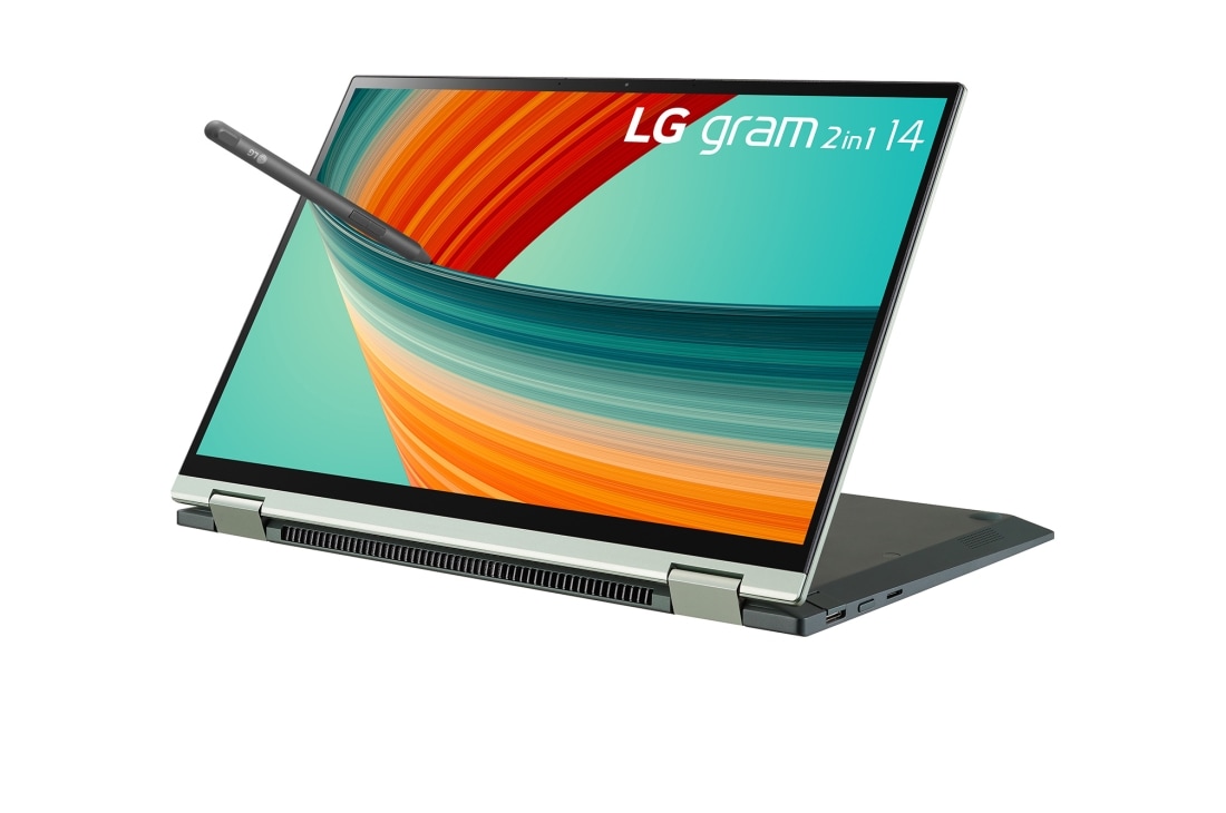 LG gram 2in1 Ultra-Lightweight with 14” 16:10 Anti-glare Display and Intel® Evo 13th Gen. Processors, +30 degree side view of stand mode, 14T90R, thumbnail 3