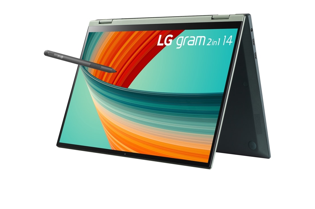 LG gram 2in1 Ultra-Lightweight with 14” 16:10 Anti-glare Display and Intel® Evo 13th Gen. Processors, -30 degree side view  of tent mode, 14T90R, thumbnail 4