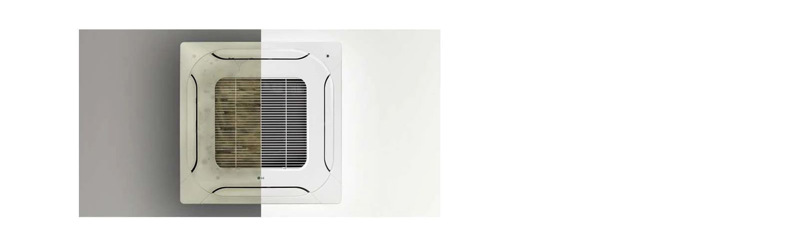 An expert renews an indoor unit with a clean front panel and blue lights flicker showing human detection sensor operates.