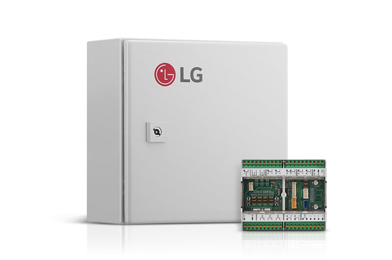  A white, rectangular enclosure with the LG logo on it. A smaller, gray module with green connectors is placed in front of the enclosure.
