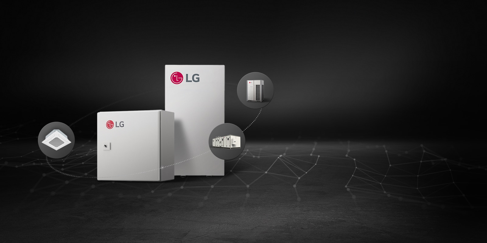 Surrounding it are four smaller connected devices, representing different components of an HVAC system. The background is dark with a grid pattern.