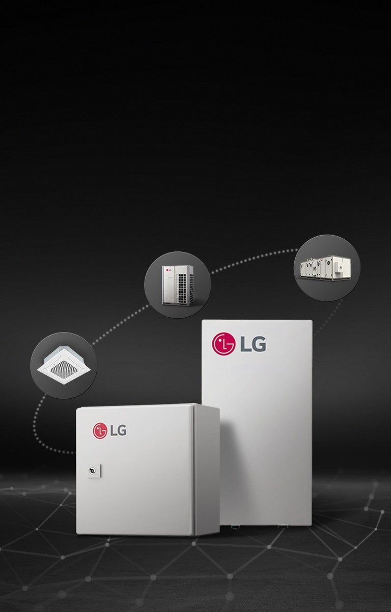 Surrounding it are four smaller connected devices, representing different components of an HVAC system. The background is dark with a grid pattern.