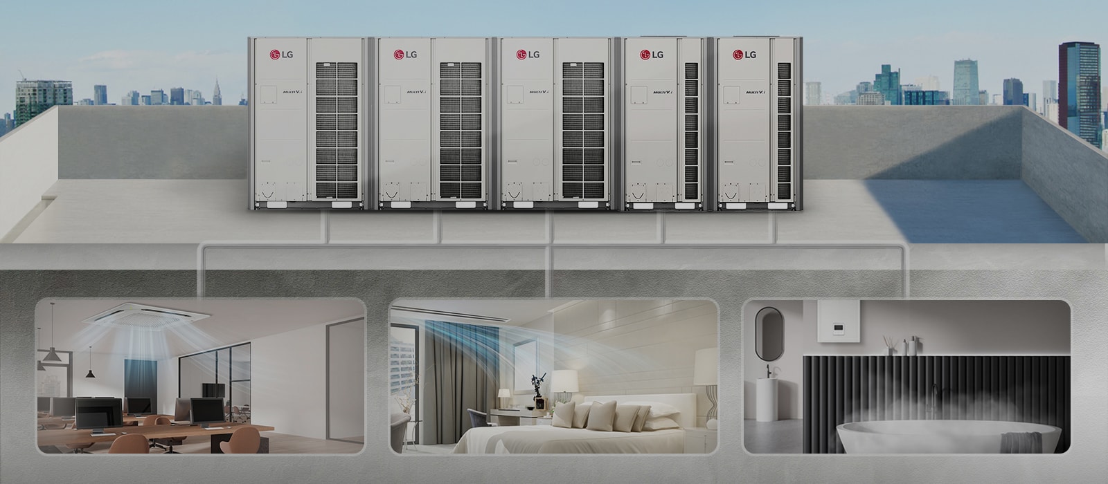 MULTI V i units are on the rooftop, cooling the office and bedroom, and heating the bathroom through connected piping.