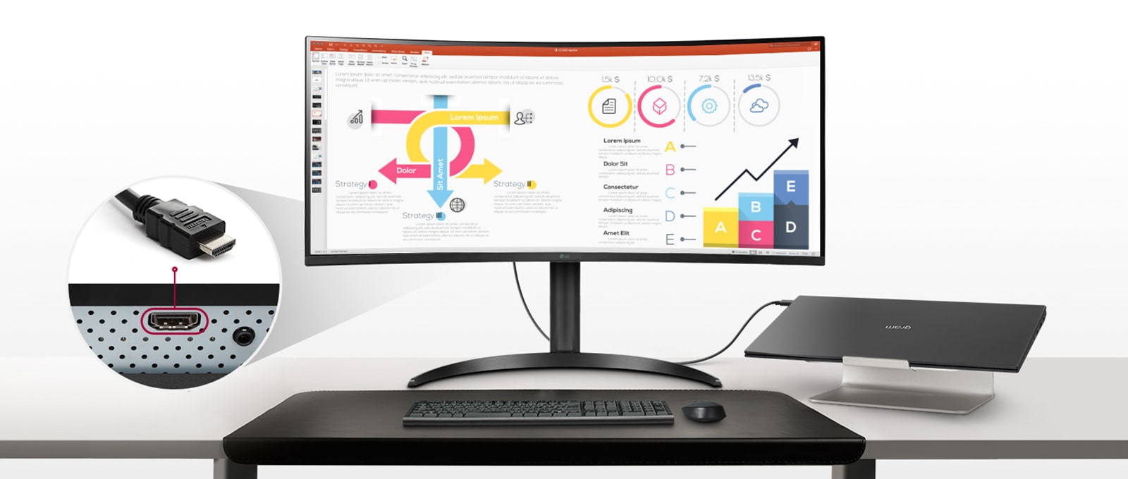 Thanks to HDMI in port, LG 34CR651I is available as a monitor by connecting to a desktop or laptop with an HDMI cable.	