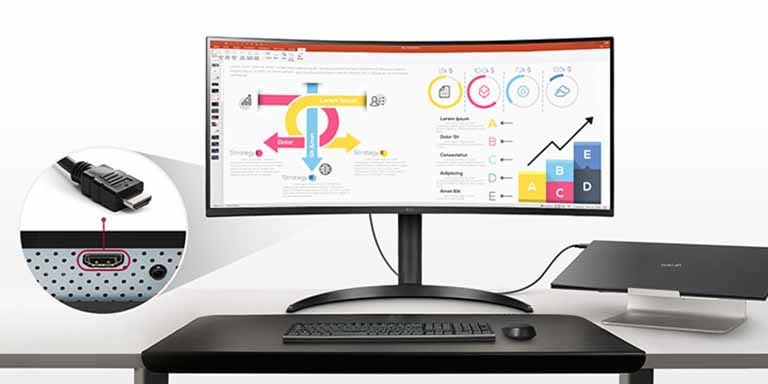 Thanks to HDMI in port, LG 34CR651I is available as a monitor by connecting to a desktop or laptop with an HDMI cable.	