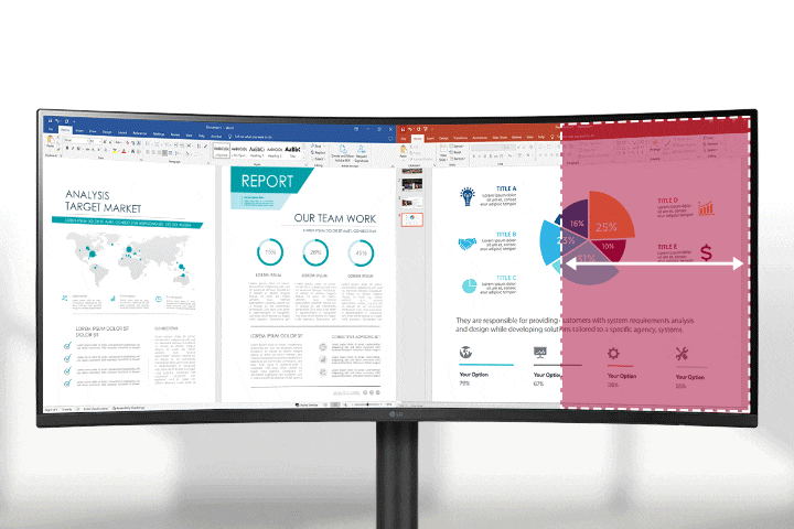 The WQHD screen (3440x1440 resolution, 21:9 aspect ratio) displays various programs at once.	