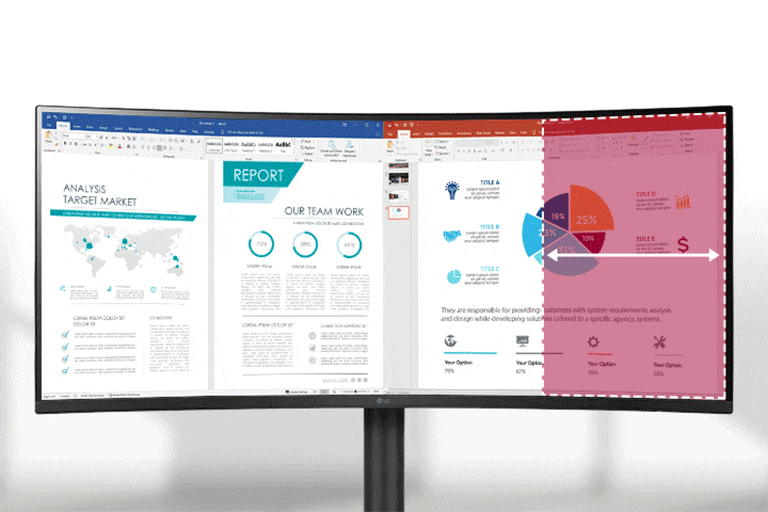 The WQHD screen (3440x1440 resolution, 21:9 aspect ratio) displays various programs at once.	