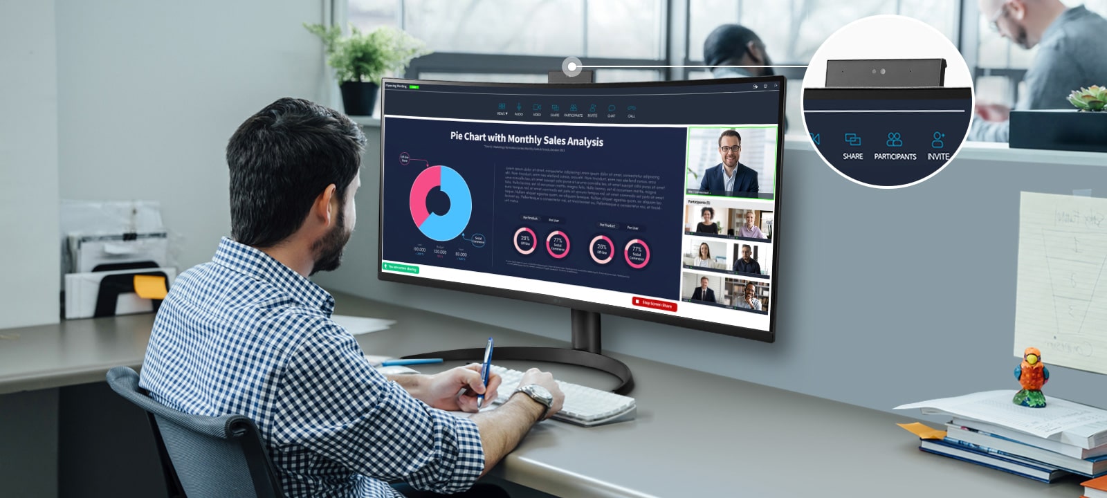Featuring the push-pull type built-in Full HD webcam with powerful security and the integrated speaker, to host various meetings and video conferences.	