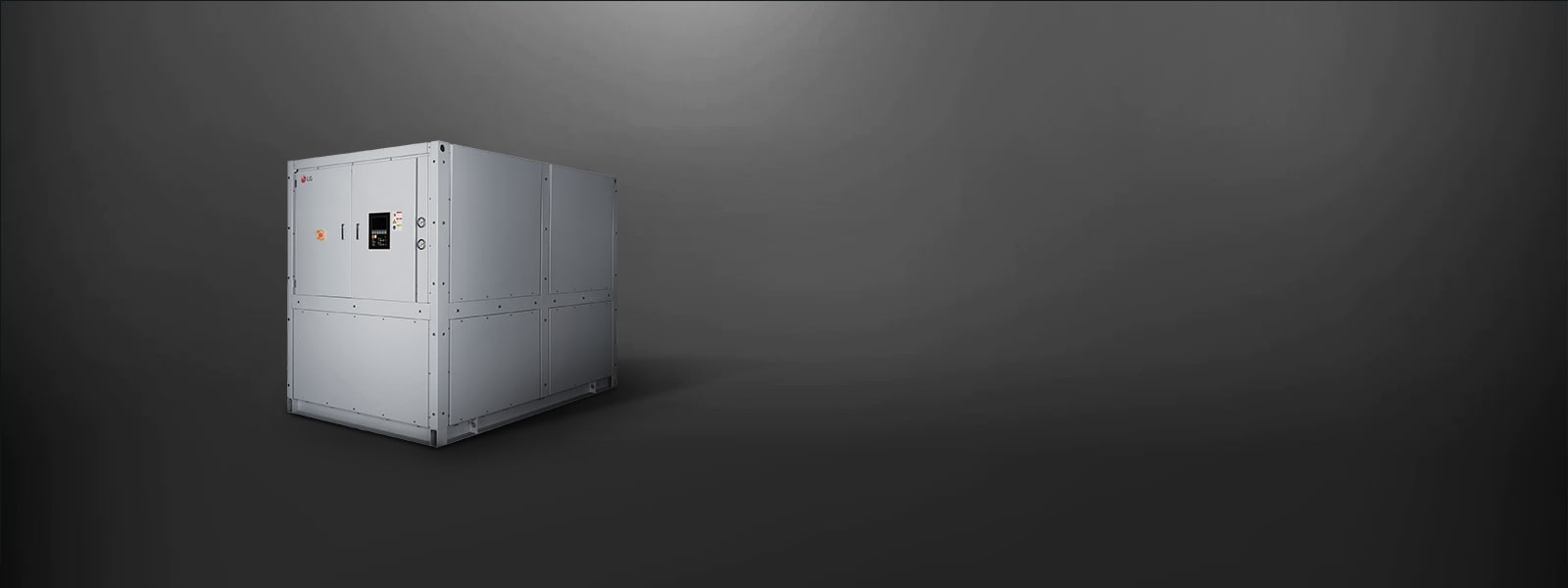 On display is an LG Water-cooled Screw Geo Thermal Heat Pump, characterized by a rectangular structure rendered in gray color.