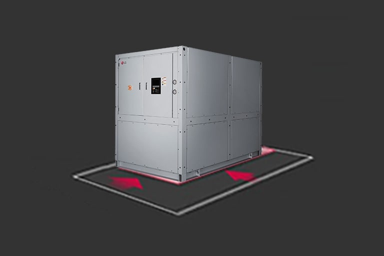 LG Water-cooled Screw Geo Thermal Heat Pump at the center is highlighted with a white box-shaped line, accompanied by a red arrow indicating the reduced size.