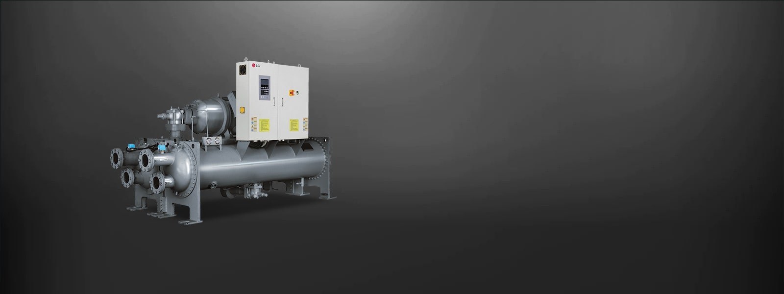 LG Water-cooled Screw Heat Pump, showcased in a grey hue, consists of a series of linear and cylindrical pipe assemblies.