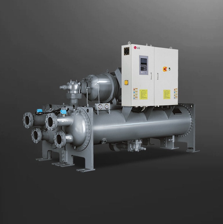 LG Water-cooled Screw Heat Pump, showcased in a grey hue, consists of a series of linear and cylindrical pipe assemblies.