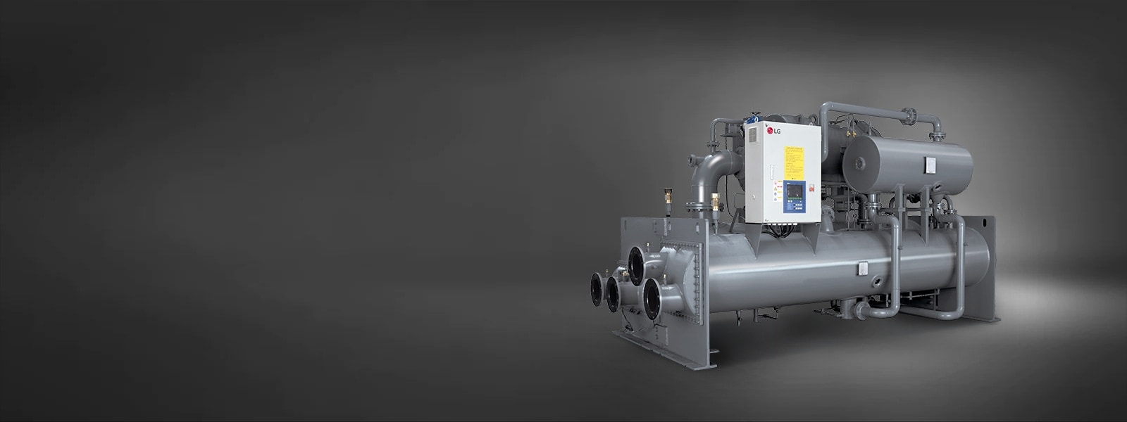 A large LG Centrifugal Chiller unit, rendered in a grey tone and composed of circular and rectangular shapes, is displayed on the right.