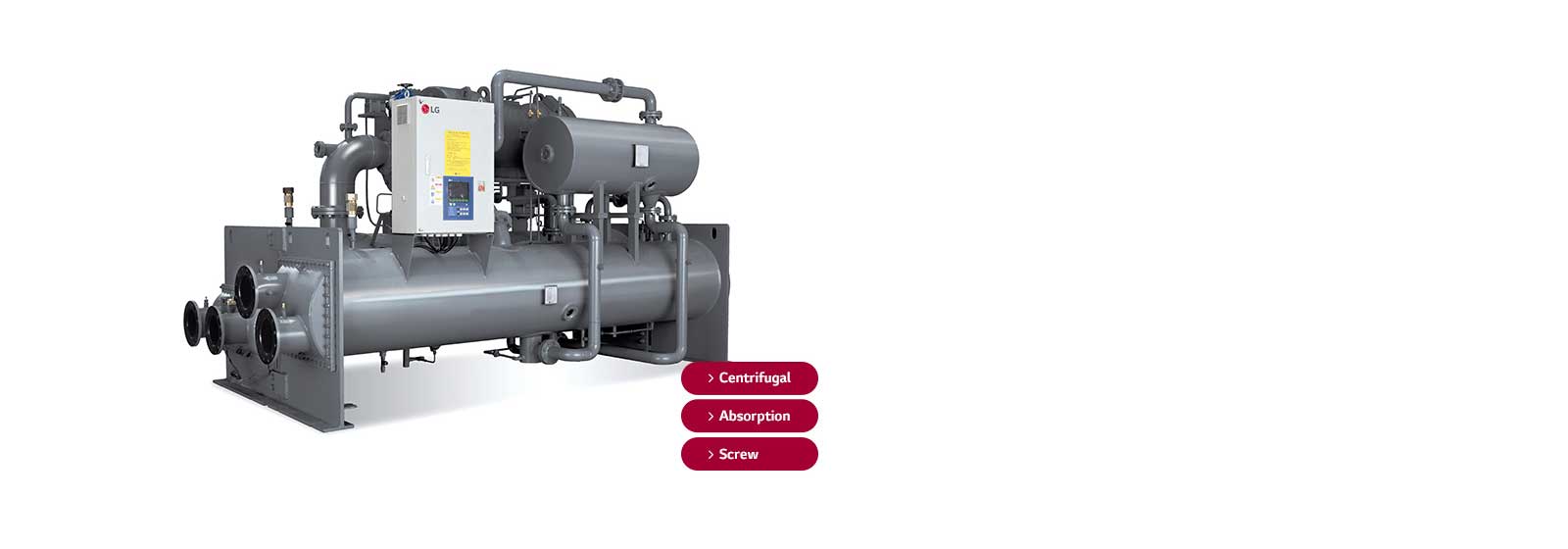 LG Centrifugal Chiller unit, grey-toned assembly of circular and rectangular forms, adorned with red tags marking centrifugal, absorption, and screw.