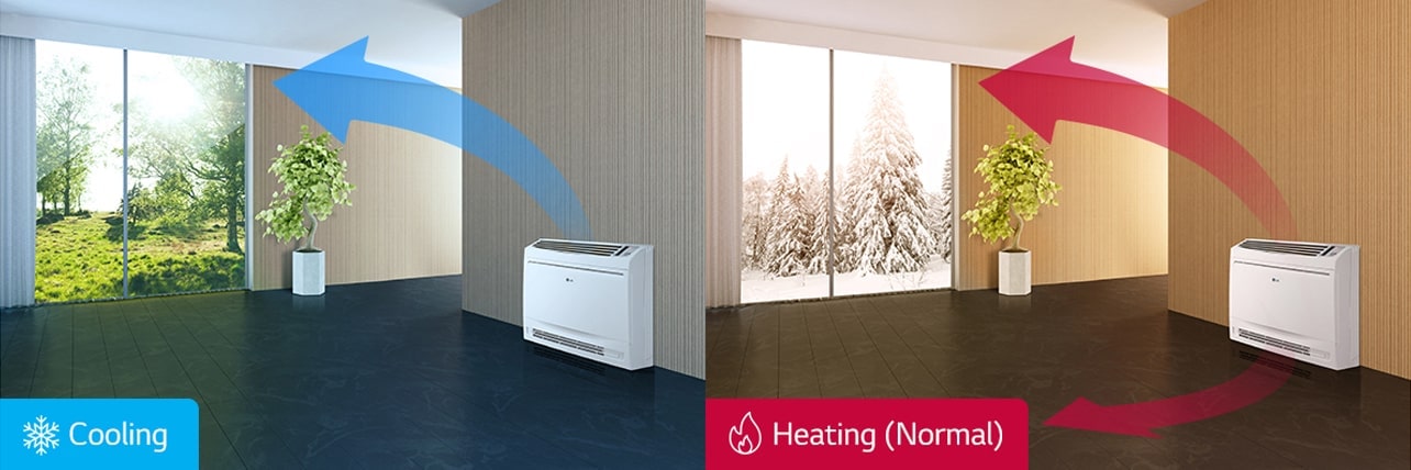 LG Single Split Console delivers cool airflow towards the ceiling on its left side, while providing warm airflow towards the floor on its right side.