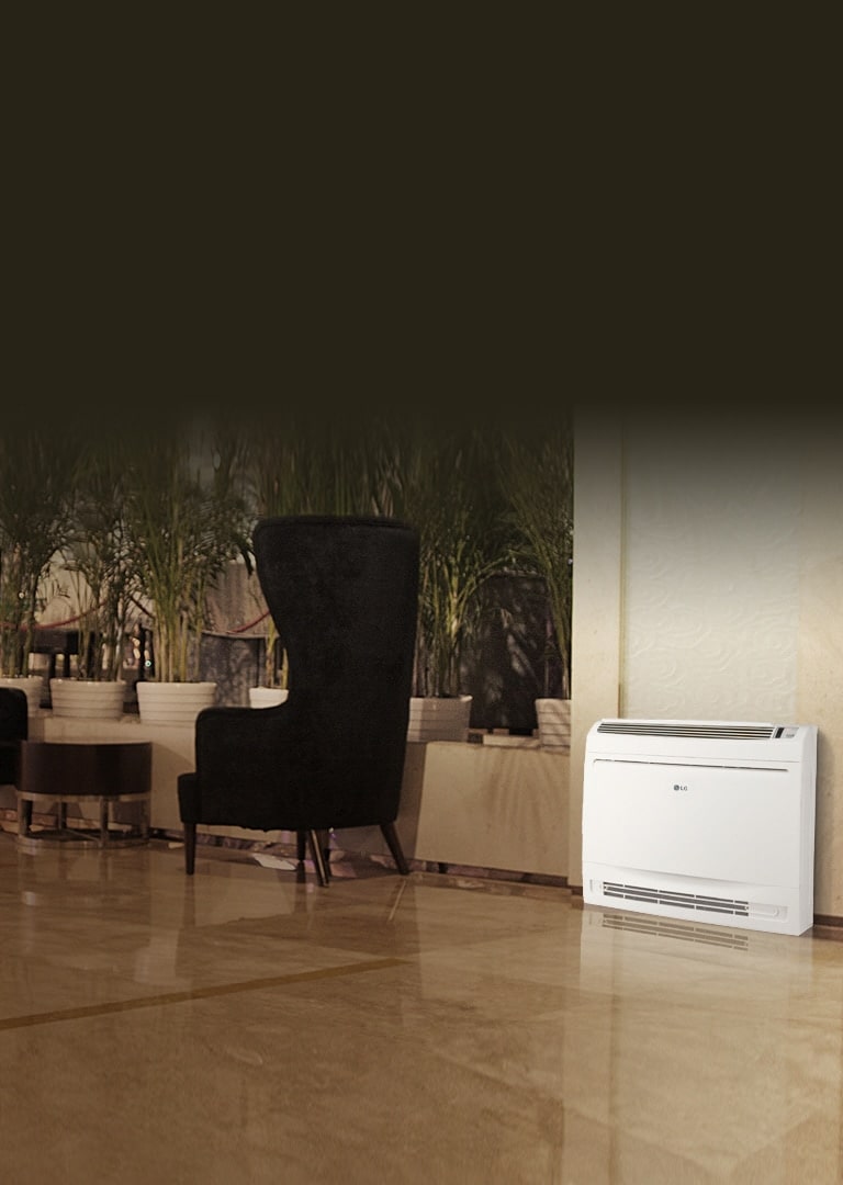 In a hallway styled area featuring a marble floor, three long-backed black chairs are arranged with an LG Single Split Console displayed between them.