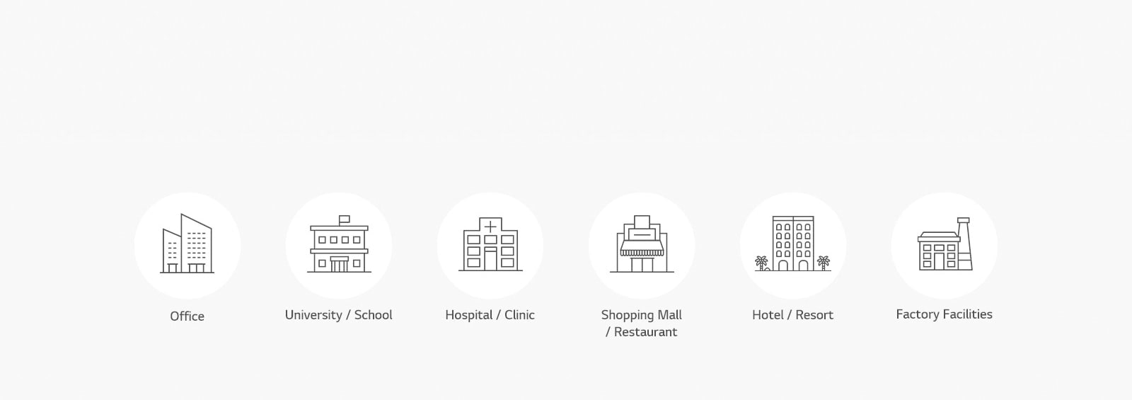 Outlines of an office, university/school, hospital/clinic, mall/restaurant, hotel, and factory are centrally placed in six respective white circles.