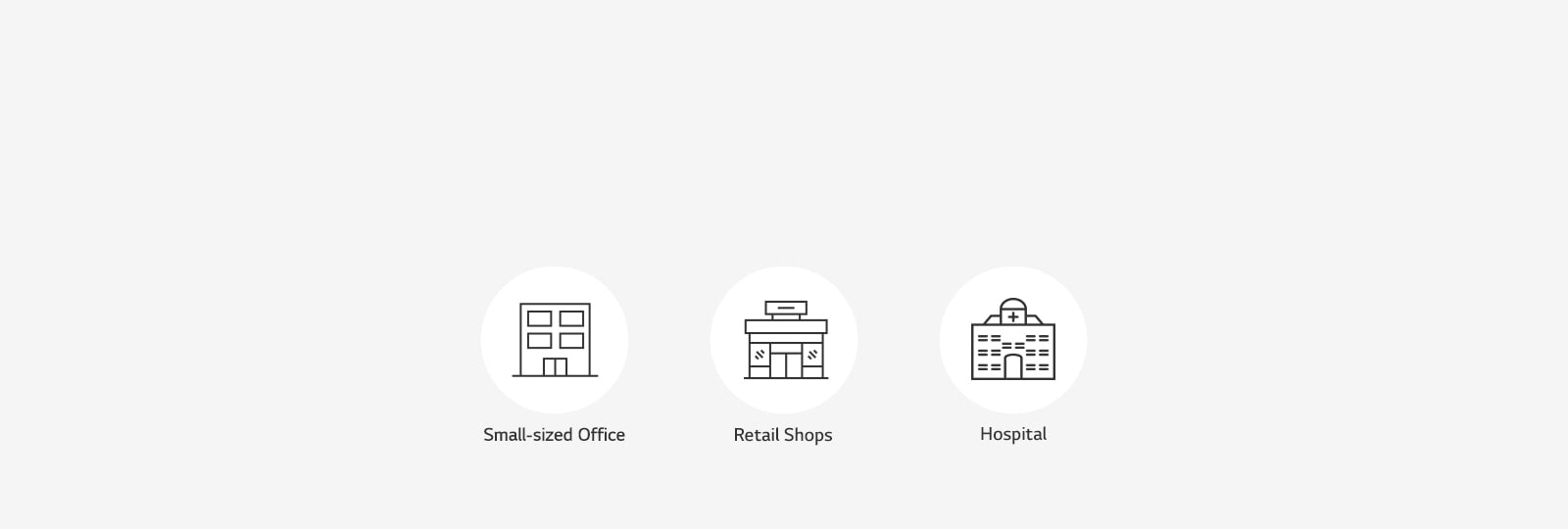 From left to right, there are three white circles, each containing an outline of a small-sized office, retail shops, and a hospital at their centers.
