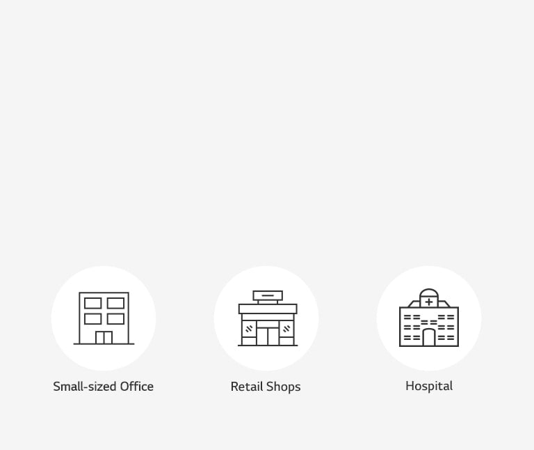 From left to right, there are three white circles, each containing an outline of a small-sized office, retail shops, and a hospital at their centers.