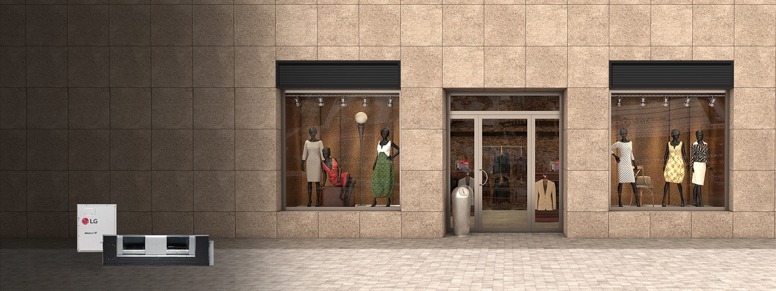 Luxury boutique exterior with sand-colored tiles and dual show windows flanking the door. Two LG Multi V M units sit at the lower left.