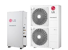 High Temperature, rectangular shape LG Therma Water Solution unit with rectangular shape two stacks outdoor unit displayed.