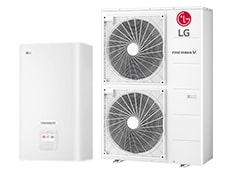 R410A Split hydro box, rectangular shape LG Therma V indoor unit with rectangular shape two stacks outdoor unit displayed.