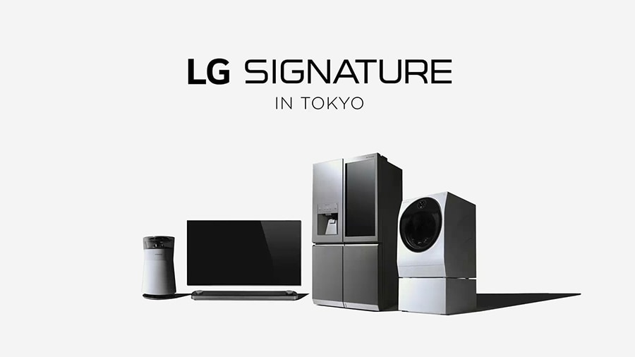 starting from the left, lg signature air purifier, oled tv w, refrigerator and washing machine are laid