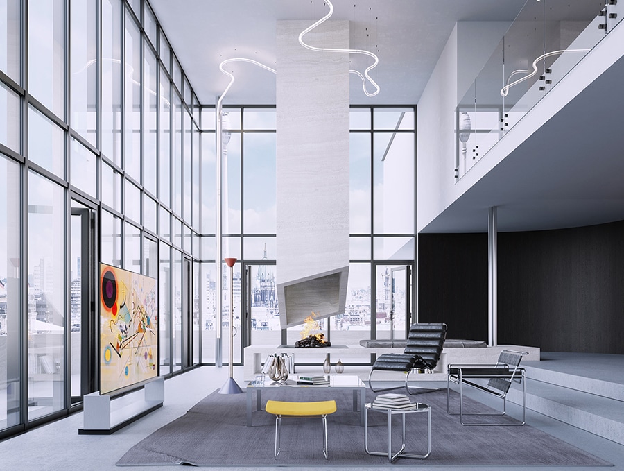 LG SIGNATURE OLED 8K is placed in the Bauhaus style of modern living room with a backdrop of Berlin.