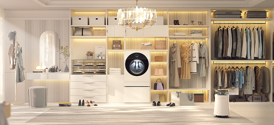 Iconic LG SIGNATURE appliances, the TWINWASH Washer and Air Purifier, complement an elegant dressing room.