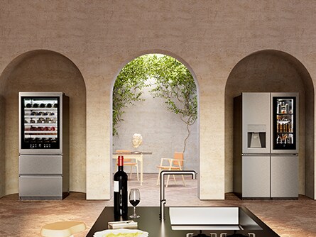 A terracotta Italian-style kitchen featuring LG SIGNATURE Wine Cellar and Refirgerator.