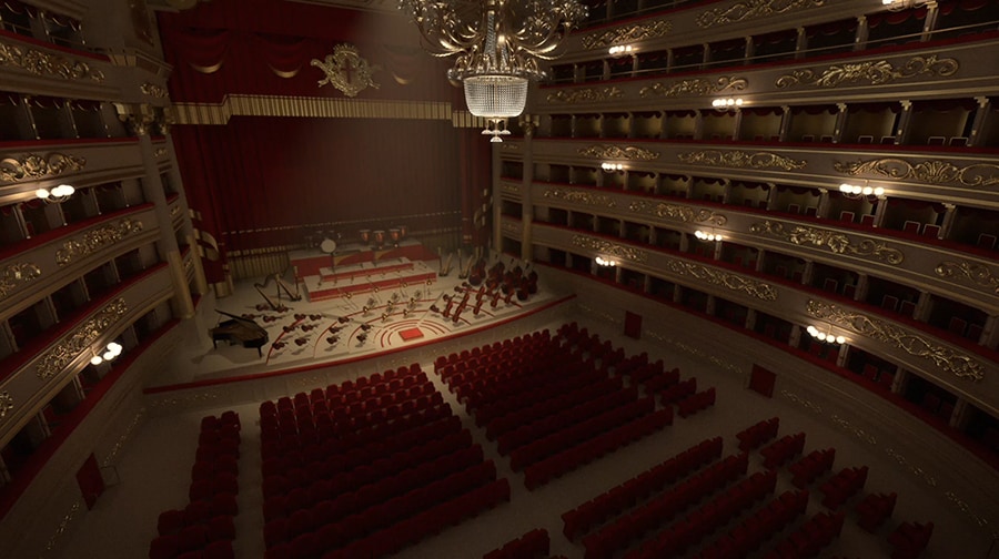 A photograph of La Scala Opera House, and opulent multi-story venue.