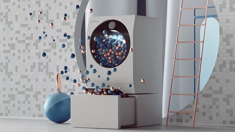 LG SIGNATURE Washing Machine is on the floor with a lot of colorful balls and ladder.