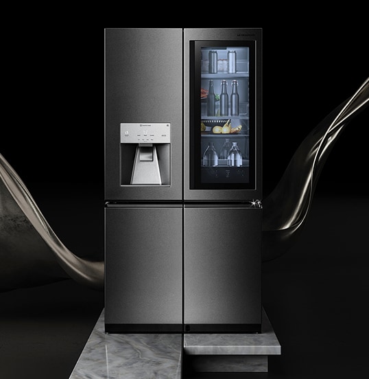 LG SIGNATURE Refrigerator is standing on the marble floor.