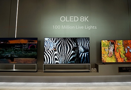 LG SIGNATURE OLED 8K zone displayed at CES 2020 showing various images in its screen.