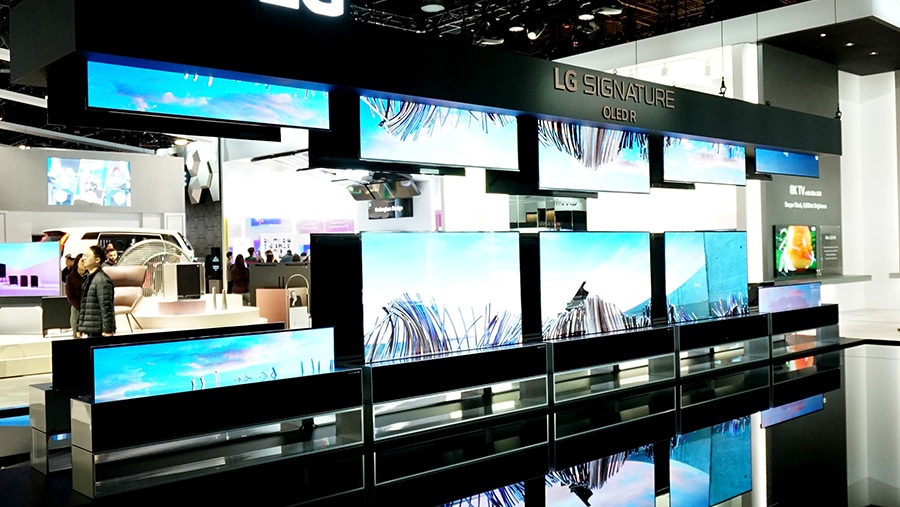 LG SIGNATURE Rollable TVs are being displayed at CES 2020 showing their various view types of the screen.