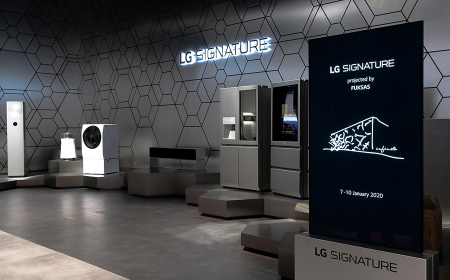 Full shot of LG SIGNATURE Refrigerator, Borrom Freezer and Wine Cellar displayed at CES 2020.