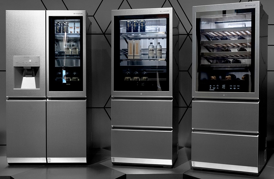 Full shot of LG SIGNATURE Refrigerator, Borrom Freezer and Wine Cellar displayed at CES 2020.