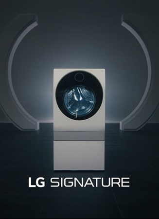 LG SIGNATURE washer on a dark background.