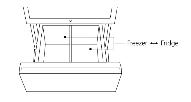 Illustration of LG SIGNATURE Wine Cellar drawer divided into two sections: Freezer and Fridge section.