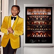 John Legend clasping his hands next to an electronic wine cellar holding 15 bottles of wine